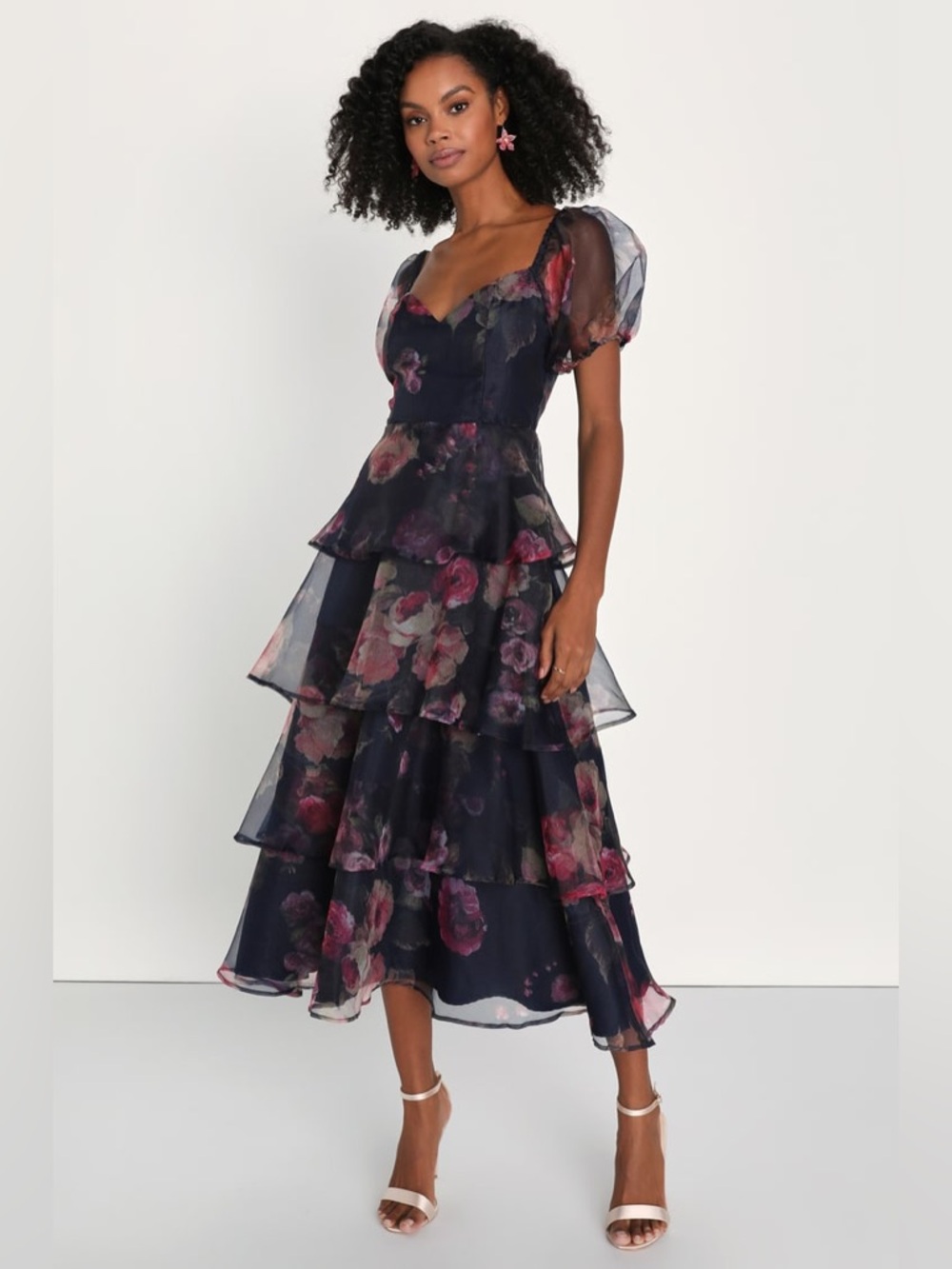 Lulus Oh-So Stunning Navy Blue Floral Organza Tiered Midi Dress Size Medium